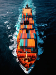 Fototapeta premium top down cargo ship in dark ocean water, dramatic contrast between colorful containers and deep sea, centered vessel composition, long wake line, cinematic natural lighting, minimalistic ocean 