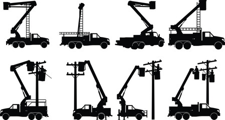 Bucket truck silhouette vector, utility crane truck working on power lines, electrician maintenance service vehicle set with boom lift © Atik