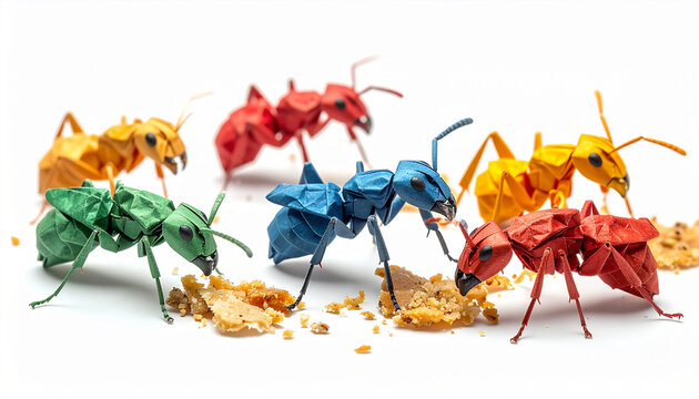 Origami ants feasting on crumbs colorful paper insects scavenging food macro studio shot on white background detailed polygonal figurines