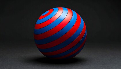 Obraz premium A sphere with swirling red and blue bands sits in a light casted against a dark gray backdrop, centered