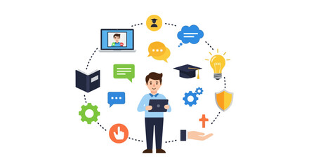 E-Learning Ecosystem: Student Connecting to Knowledge, Communication, Technology, and Personal Development Resources. Flat Vector Illustration.