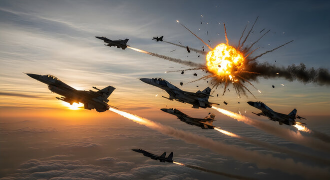 Military jets flying in formation with missiles firing at sunset