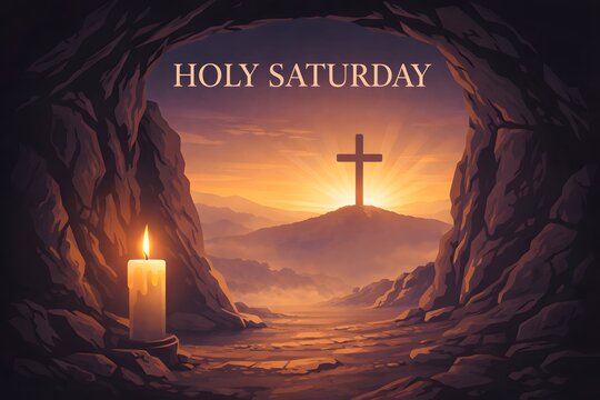 Holy Saturday scene with a lit candle in a cave opening looking out to a cross on a hill at sunset, symbolizing Easter vigil and resurrection.