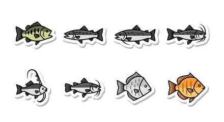 Obraz premium Assorted cartoon fish illustrations in various colors and styles.