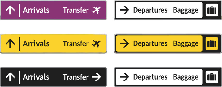Airport signage vector set featuring arrivals, departures, transfers, and baggage claim banners in purple, yellow, black, and white flat navigation design.