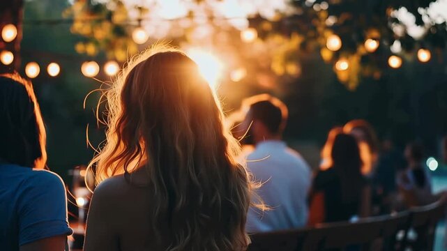 People gather under string lights during sunset at an outdoor event in a garden setting with a warm atmosphere and soft colors