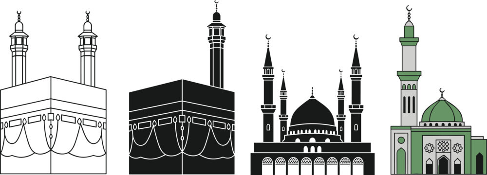 Islamic architectural set featuring Kaaba in Mecca and mosque with minarets and green dome in outline, silhouette, and flat color vector design.