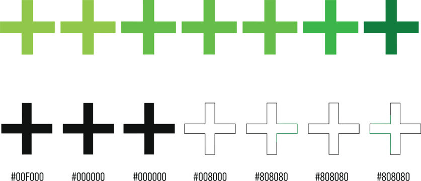 Medical plus sign icon set in green and black colors with hex codes for healthcare pharmacy first aid and digital interface add button.