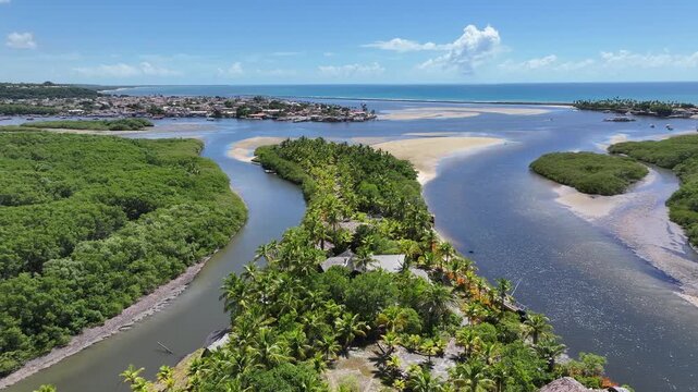 Porto Seguro Skyline At Porto Seguro In Bahia Brazil. Beach Landscape. Beautiful Coastline. Travel Destination. Porto Seguro Skyline In Porto Seguro In Brazil. Mangrove Sand Bank. Brazil Northeast.