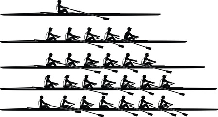 Rowing team silhouettes collection featuring single double quad and eight rowers in racing boats athletes paddling together representing teamwork competition water sport vector © Rafin's World