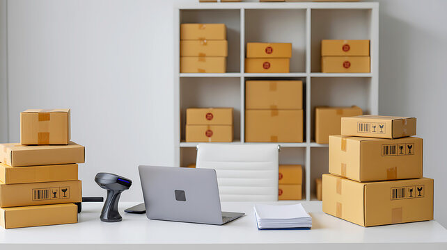 Ecommerce fulfillment center with stacked cardboard boxes organized on shelves and desk