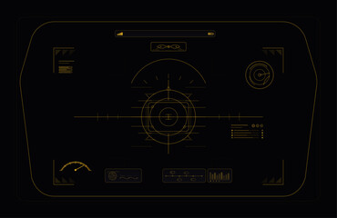 Fototapeta premium Futuristic HUD Interface Screen with Target Reticle on Black. Abstract sci-fi heads-up display with golden line icons, radar, charts, and central crosshair. Vector HUD for UI, games, AR and other