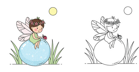 Cute cartoon fairy girl with ladybug on a magical sphere. Color and black and white outline vector illustration for kids coloring book page. © MSTA