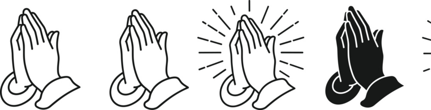 Praying hands vector icon set featuring line art and solid silhouette styles representing prayer, gratitude, faith, religion, and spiritual hope for design projects.