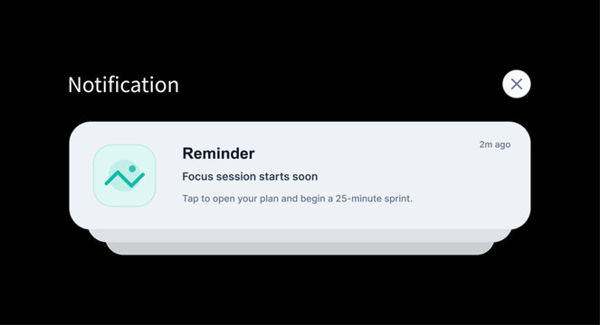 Reminder Notification UI for Focus Session on Dark Background. Minimal app notification card showing a reminder for a focus session. UI, UX - Push Notification, graphic mockup. Vector