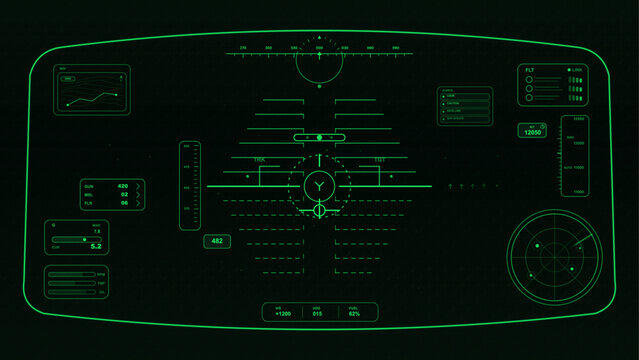 Futuristic Head-up Display, VR view with Cyberpunk HUD UI, GUI elements. HUD Camera viewfinder. Helmet template with fighter jet interface with graphics, sight and radar. Vector cockpit view