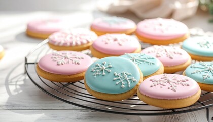 Fototapeta premium Assortment of delicious homemade iced cookies with festive snowflake decorations.