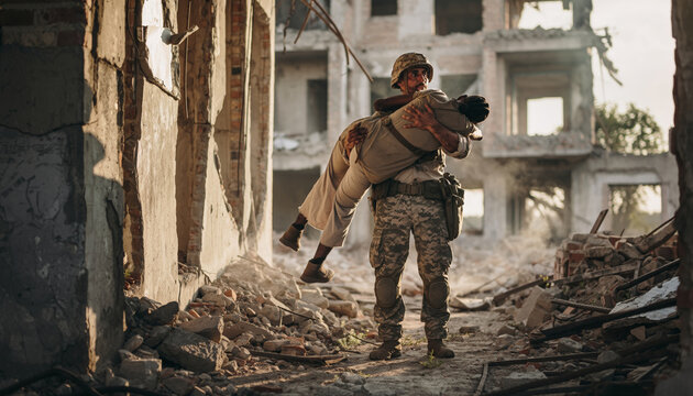 Soldier carrying a wounded person through a war-torn area.