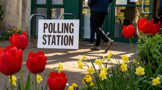 Voter walking past a polling station sign framed by red tulips and daffodils in spring sunshine