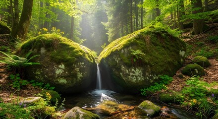 A spring of water between two rocks in a forest