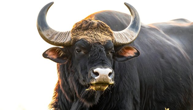A muscular, dark gaur with prominent horns grazes in soft, bright light, showcasing its powerful build