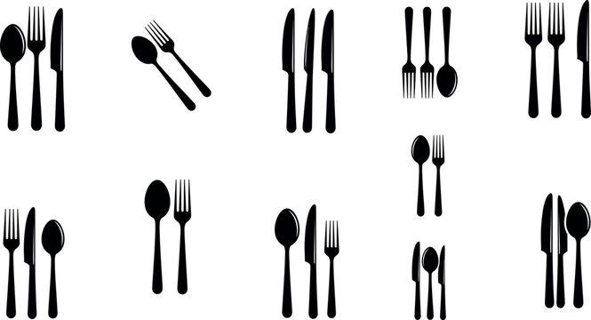 Cutlery silhouette icon set with fork knife and spoon, dining utensils collection, restaurant kitchen tableware symbols vector illustration isolated