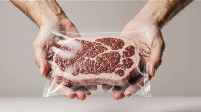 Hands holding vacuum-sealed raw marbled beef steak for freshness
