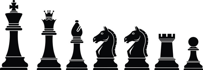 Black silhouette collection of chess pieces, king, queen, bishop, knight, rook, and pawn isolated on white background cad drawing flat vector illustration © fulbabu