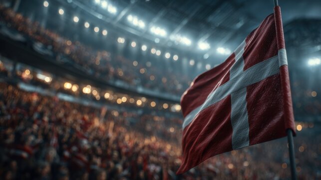 Fans cheer for Denmark in a crowded stadium during a nighttime sports event with bright lights and excitement in the atmosphere