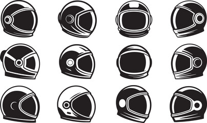 Collection of black and white astronaut and motorcycle helmets in various astronaut helmet © Sabbir Art Express