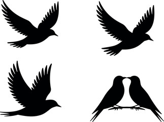 Obraz premium Black Silhouette Vector Illustration of Birds Flying and a Pair of Lovebirds Perched on a Branch for Nature and Wildlife Graphic Design Projects