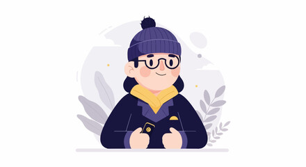 Fototapeta premium Person with glasses wearing a beanie, yellow scarf, and jacket, holding a phone