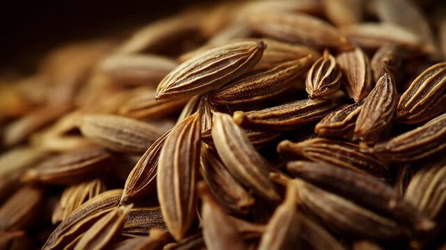 Cumin seeds are stacked in a heap showing their rich texture and natural brown color in a well-lit setting in a kitchen or workspace