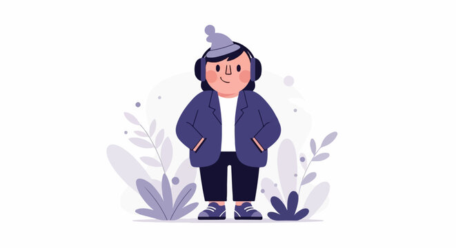 Stylized figure in purple jacket and hat, with headphones, surrounded by abstract plants