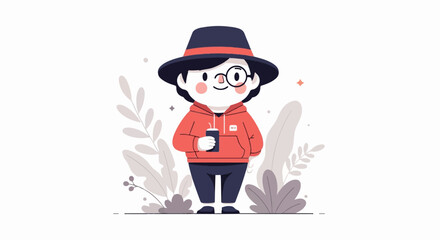 Cute character with hat and drink, surrounded by abstract foliage