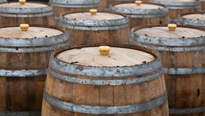 Close up of wooden wine barrels showcasing rustic aging and metal accents in neat rows
