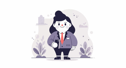 Obraz premium Stylized cartoon businesswoman with black hair, red tie, suit, and holding a book