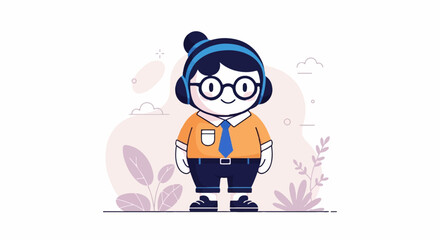 Fototapeta premium Cartoon child with headphones and glasses, wearing a shirt and shorts