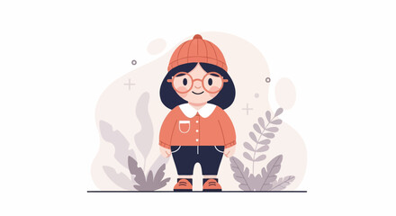 Obraz premium A cheerful cartoon child wearing a hat and glasses stands amidst whimsical plants
