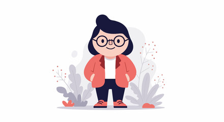 Obraz premium Stylized, smiling person with dark hair, round glasses, and a red jacket, standing outdoors