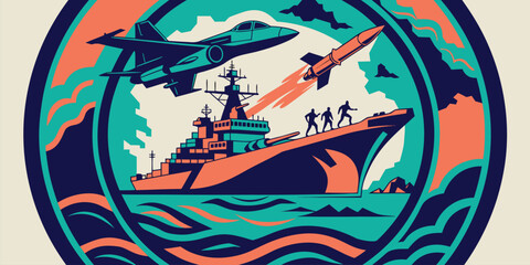 A stylized illustration depicting a naval scene with aircraft and missiles © SarwarGfx