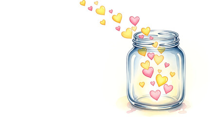 Catching pure happiness! Collecting colorful love hearts falling into an open glass jar. Spreading romantic emotion and sweet feelings concept. Copy space. Watercolor illustration.