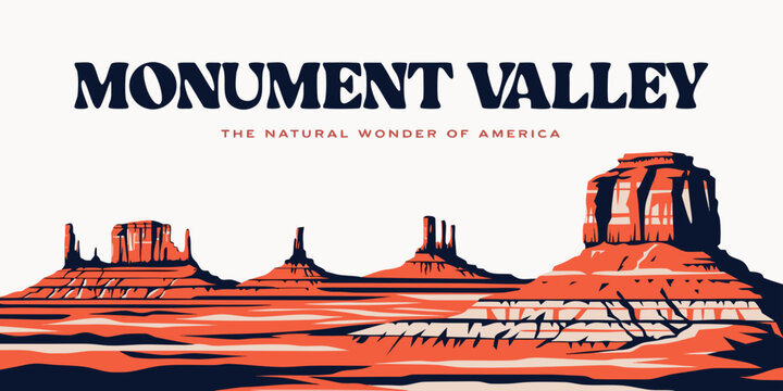 USA, US, U.S, United States - Monument Valley Travel Poster Illustration | Iconic Red Rock Mesas & Desert Landscape | Classic American Southwest Scenic Art

