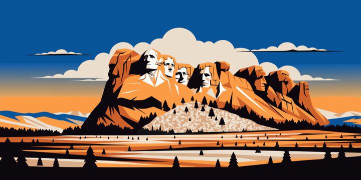 USA, US, U.S, United States - Mount Rushmore Stylized Illustration | Bold Orange‑Blue American Landmark Art | Scenic Plains Landscape Travel Poster Design

