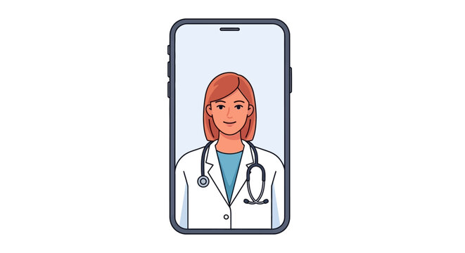 Title:
Online doctor consultation on smartphone screen, female medical professional in mobile health app, telemedicine concept with doctor avatar on phone display, digital healthcare service and remot