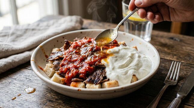 Iskender Kebab with Tomato Sauce and Creamy Yogurt