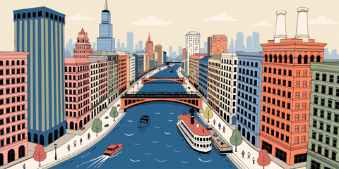 River City Skyline with Boats and Bridges – Vibrant Minimalist Flat Vector Panoramic Illustration   USA Urban Waterfront Landscape Art © Shaon