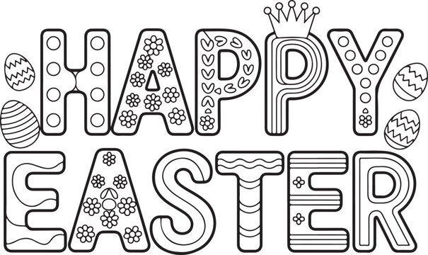 Happy Easter coloring page with flowers and eggs in black and white