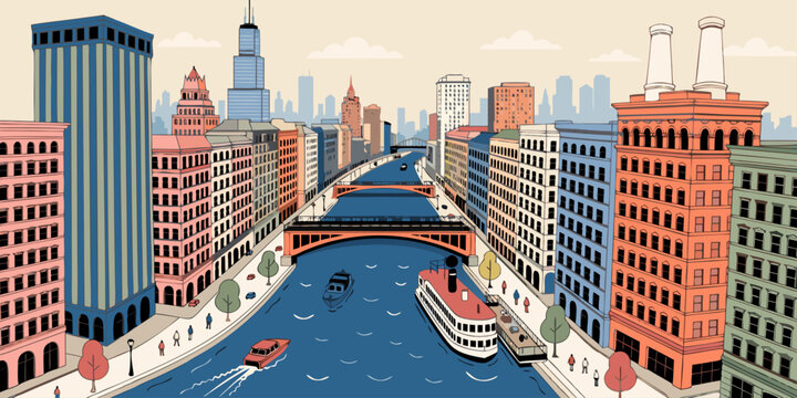 River City Skyline with Boats and Bridges &ndash; Vibrant Minimalist Flat Vector Panoramic Illustration | USA Urban Waterfront Landscape Art