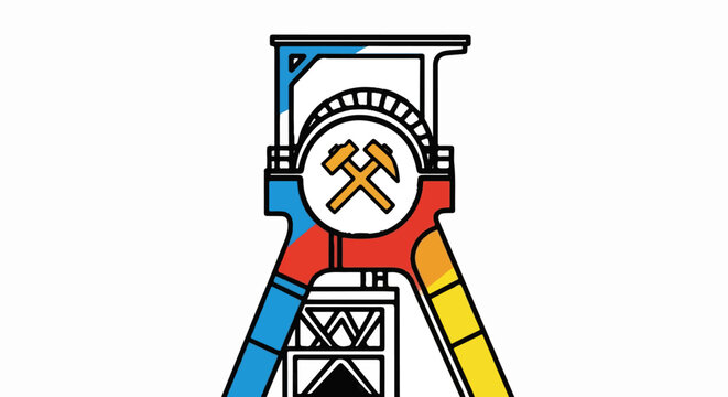 Stylized mining headframe with crossed hammers emblem and colored supports